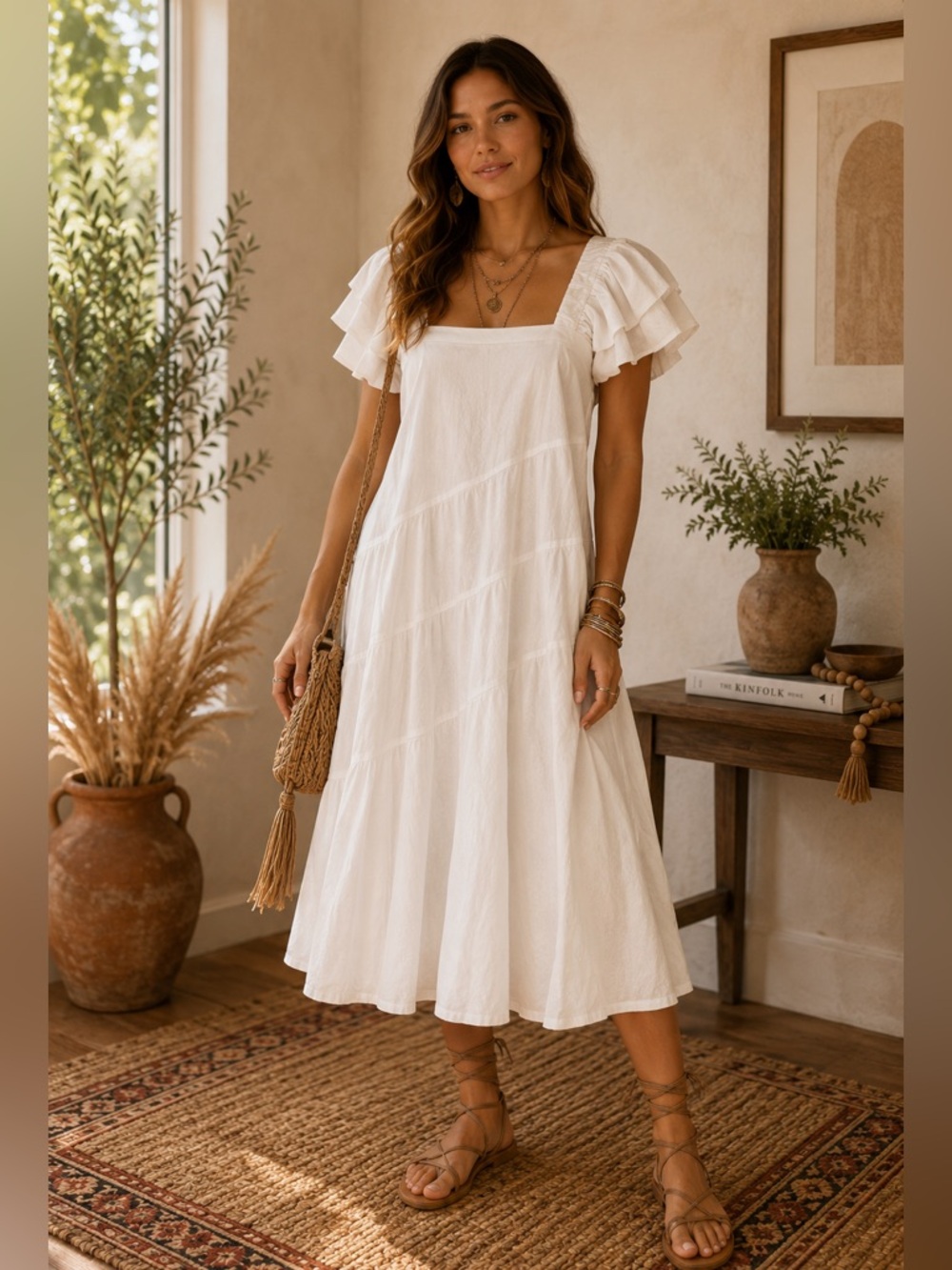 Grace & Emma White Square Neck Puff Sleeve Midi Dress S/M Cottagecore